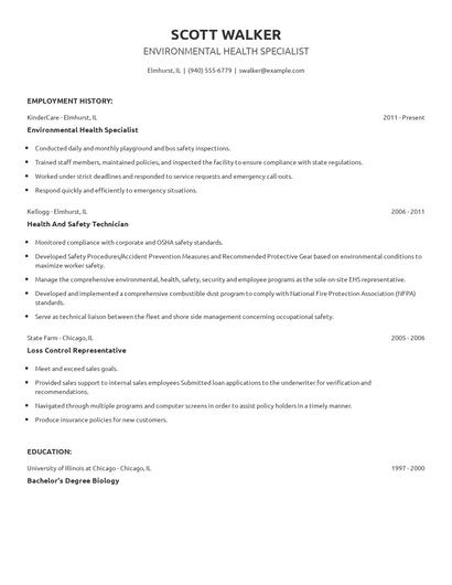Environmental Health Specialist Resume