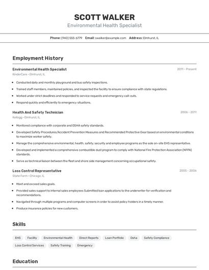 Environmental Health Specialist Resume