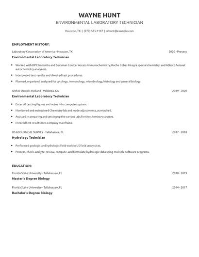 Environmental Laboratory Technician Resume