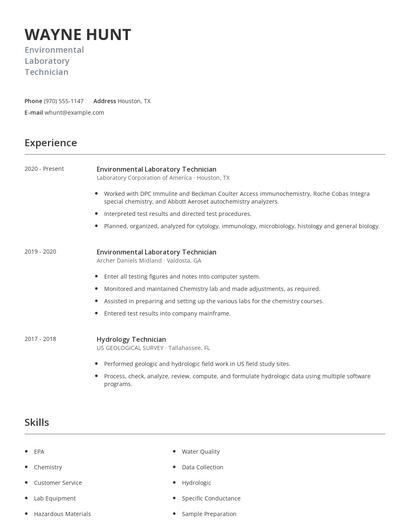Environmental Laboratory Technician Resume