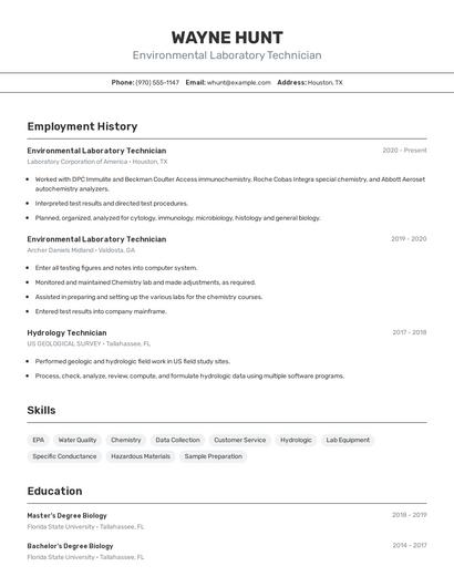 Environmental Laboratory Technician Resume