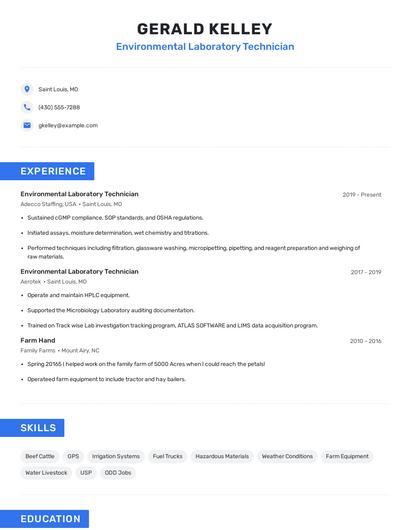 Environmental Laboratory Technician Resume