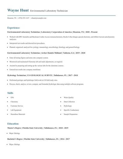 Environmental Laboratory Technician Resume