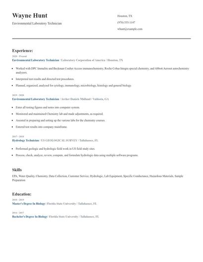 Environmental Laboratory Technician Resume