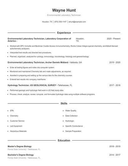 Environmental Laboratory Technician Resume