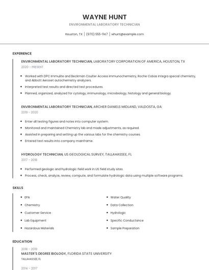 Environmental Laboratory Technician Resume