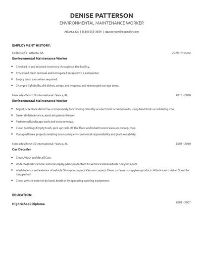 Environmental Maintenance Worker Resume