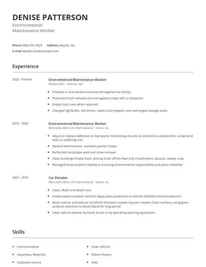 Environmental Maintenance Worker Resume