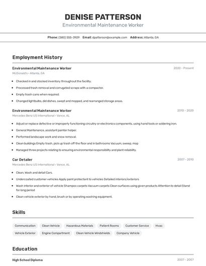 Environmental Maintenance Worker Resume
