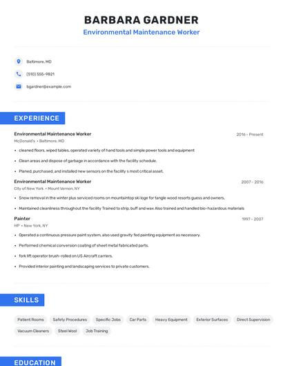 Environmental Maintenance Worker Resume