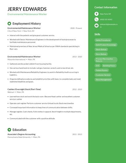 Environmental Maintenance Worker Resume