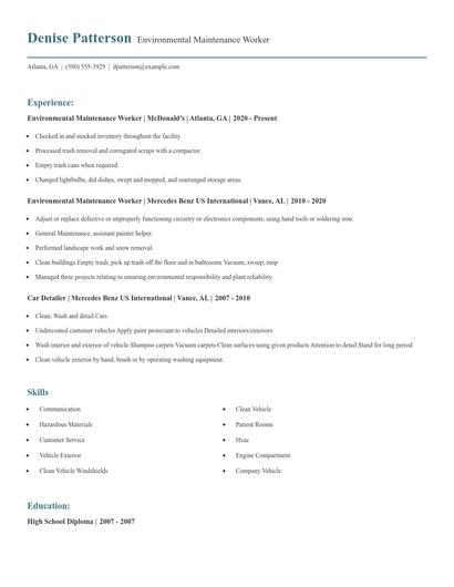 Environmental Maintenance Worker Resume