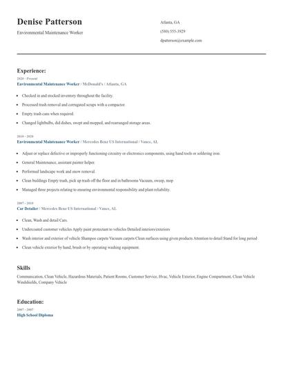 Environmental Maintenance Worker Resume