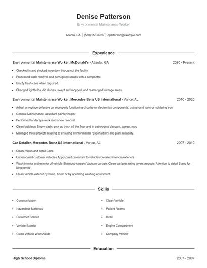 Environmental Maintenance Worker Resume