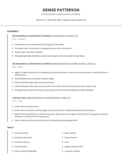 Environmental Maintenance Worker Resume