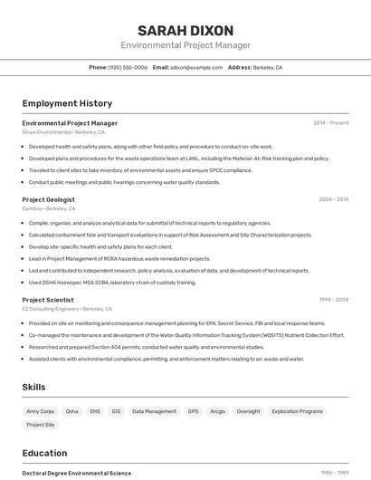 Environmental Project Manager Resume