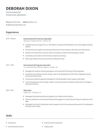 Environmental Protection Specialist Resume
