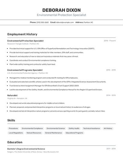 Environmental Protection Specialist Resume