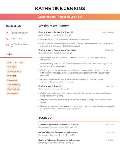 Environmental Protection Specialist Resume