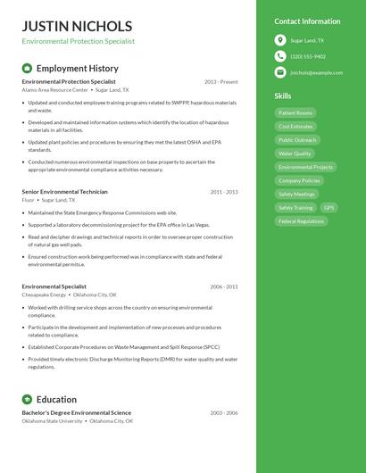 Environmental Protection Specialist Resume
