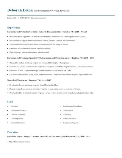 Environmental Protection Specialist Resume