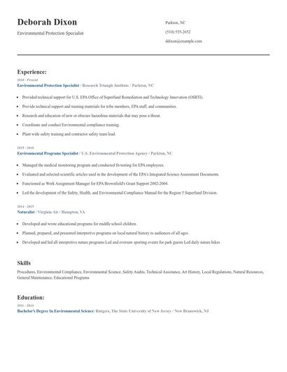 Environmental Protection Specialist Resume