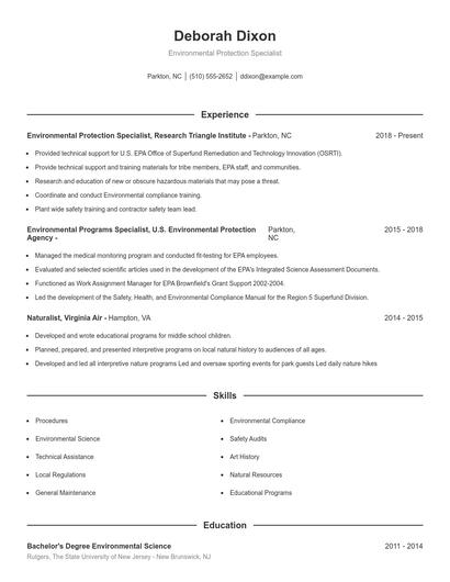 Environmental Protection Specialist Resume