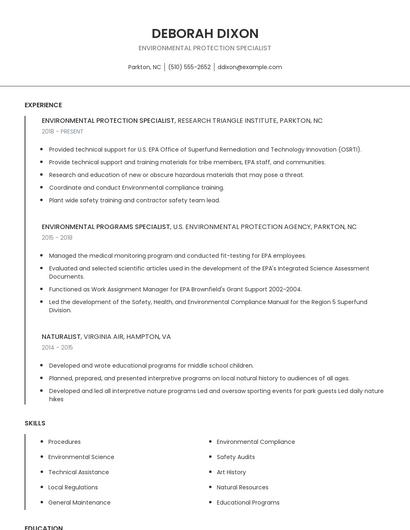 Environmental Protection Specialist Resume