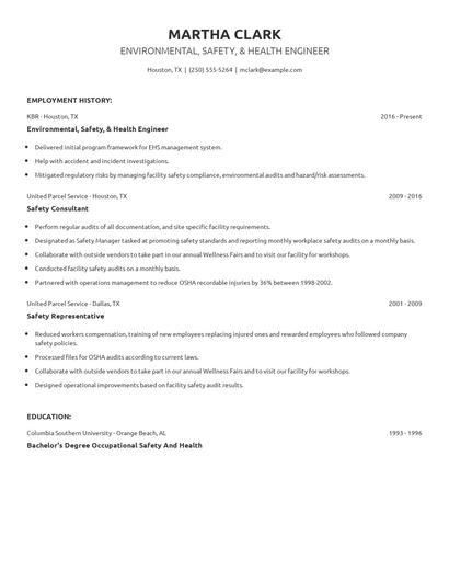 Environmental, Safety, & Health Engineer Resume
