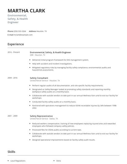 Environmental, Safety, & Health Engineer Resume