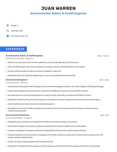 Environmental, Safety, & Health Engineer Resume