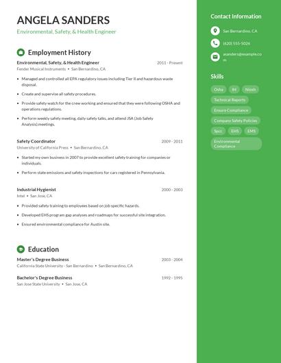 Environmental, Safety, & Health Engineer Resume
