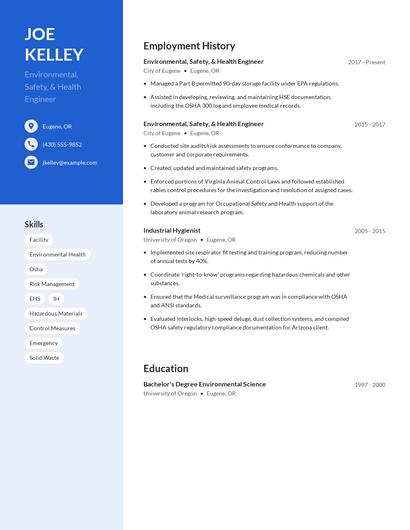 Environmental, Safety, & Health Engineer Resume