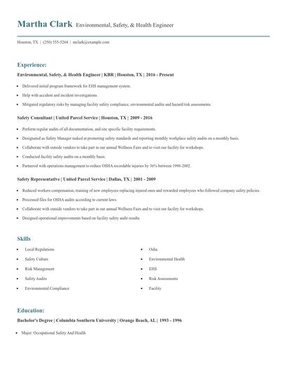 Environmental, Safety, & Health Engineer Resume