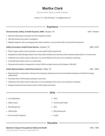 Environmental, Safety, & Health Engineer Resume