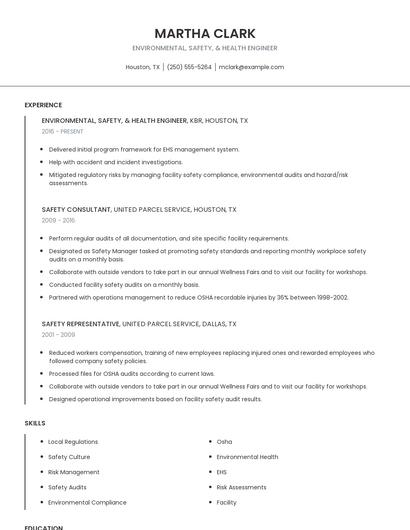 Environmental, Safety, & Health Engineer Resume