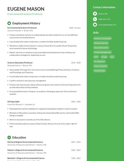Environmental Science Professor Resume