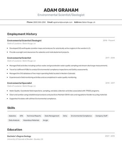 Environmental Scientist/Geologist Resume