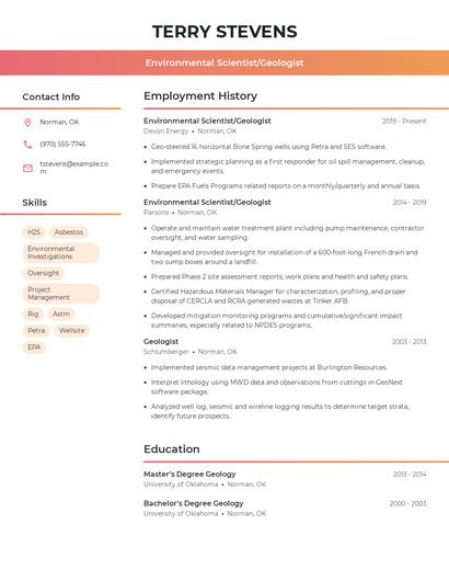 Environmental Scientist/Geologist Resume