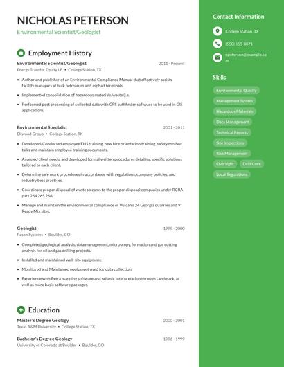 Environmental Scientist/Geologist Resume