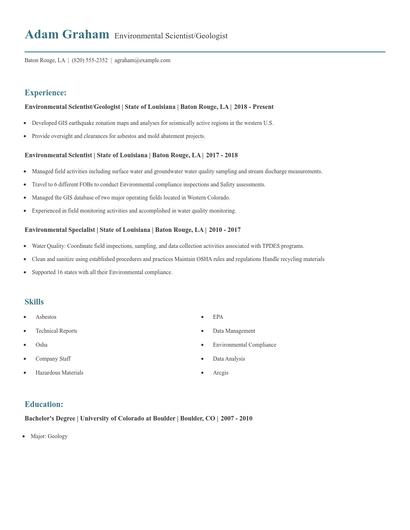 Environmental Scientist/Geologist Resume