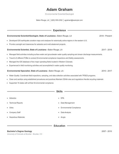 Environmental Scientist/Geologist Resume