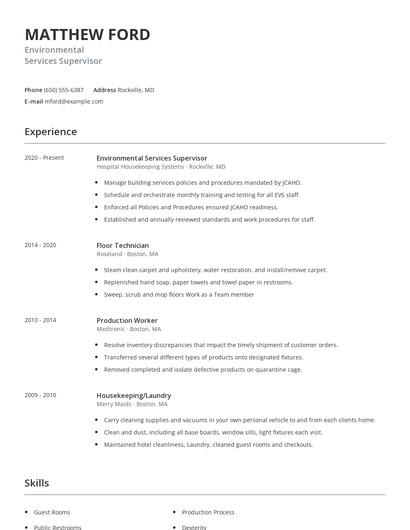 Environmental Services Supervisor Resume