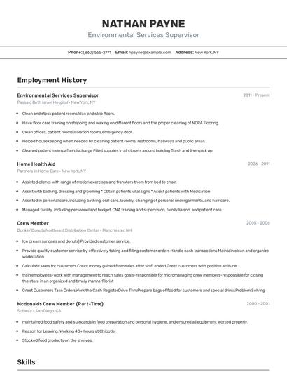 Environmental Services Supervisor Resume
