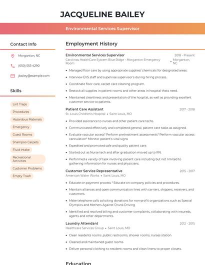 Environmental Services Supervisor Resume