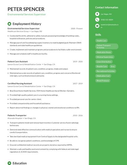 Environmental Services Supervisor Resume