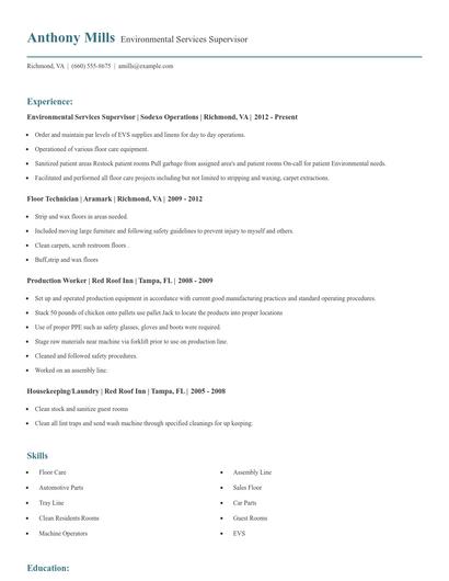 Environmental Services Supervisor Resume