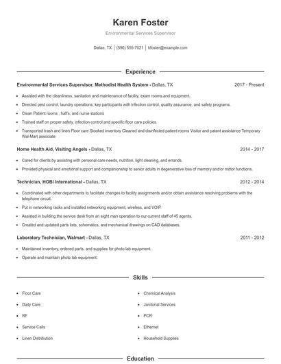 Environmental Services Supervisor Resume