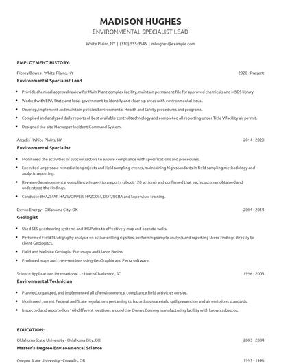 Environmental Specialist Lead Resume