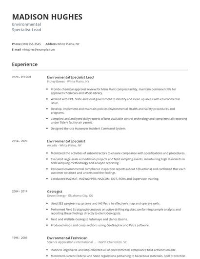 Environmental Specialist Lead Resume